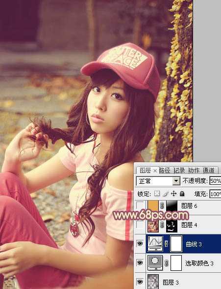 ‘Photoshop将坐地上的美女增加上柔美的古典红褐色‘