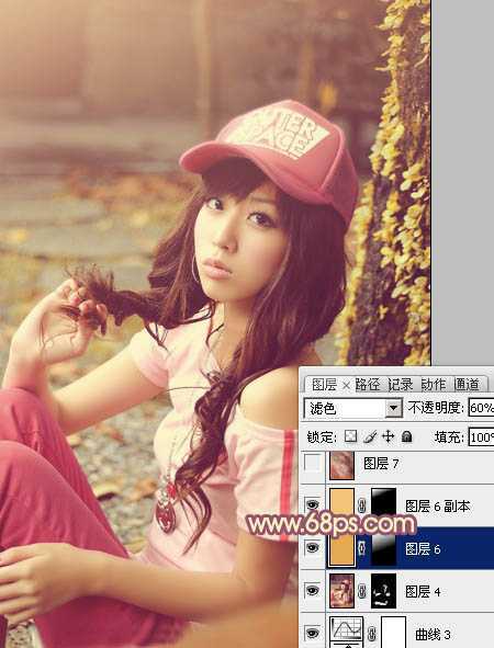 ‘Photoshop将坐地上的美女增加上柔美的古典红褐色‘