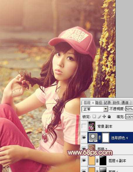 ‘Photoshop将坐地上的美女增加上柔美的古典红褐色‘