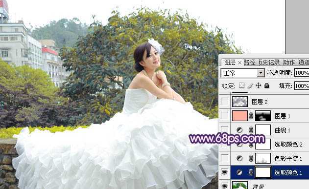 ‘Photoshop将美女婚片调成甜美的紫绿色‘