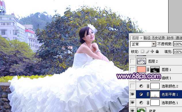 ‘Photoshop将美女婚片调成甜美的紫绿色‘
