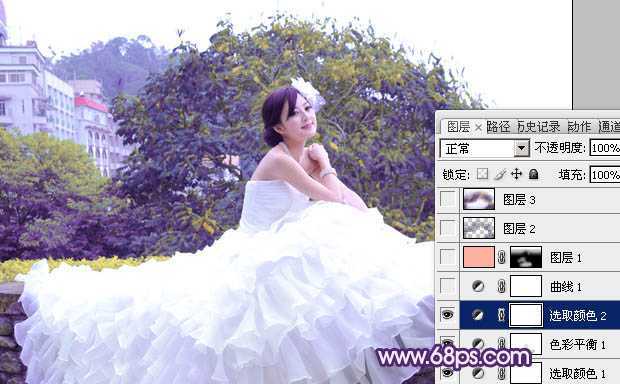 ‘Photoshop将美女婚片调成甜美的紫绿色‘
