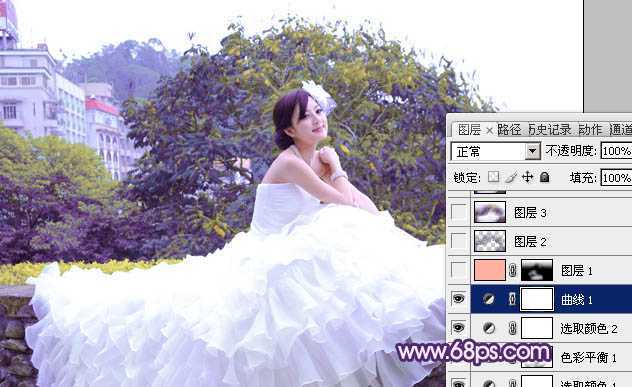 ‘Photoshop将美女婚片调成甜美的紫绿色‘