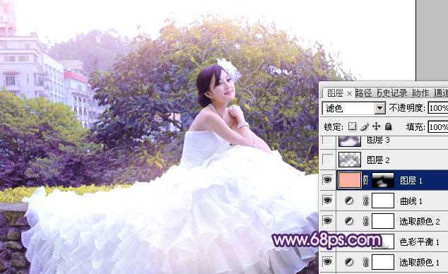 ‘Photoshop将美女婚片调成甜美的紫绿色‘