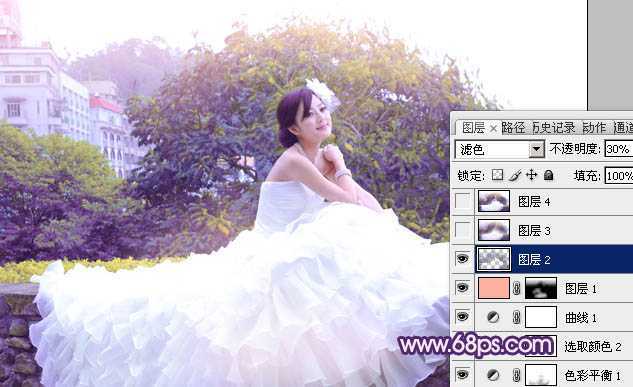 ‘Photoshop将美女婚片调成甜美的紫绿色‘