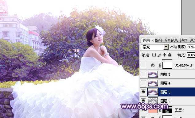 ‘Photoshop将美女婚片调成甜美的紫绿色‘