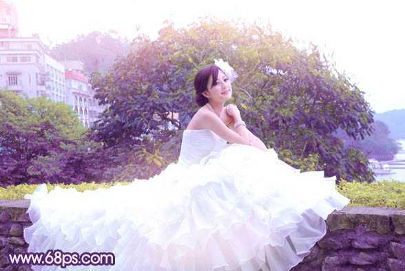 ‘Photoshop将美女婚片调成甜美的紫绿色‘