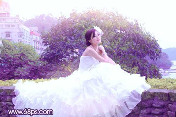 ‘Photoshop将美女婚片调成甜美的紫绿色‘
