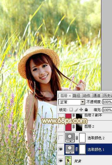 ‘Photoshop为逆光草丛中的美女调出柔和的黄褐阳光色‘
