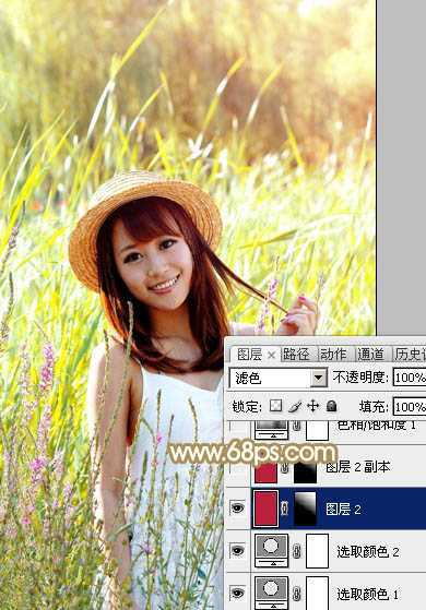 ‘Photoshop为逆光草丛中的美女调出柔和的黄褐阳光色‘