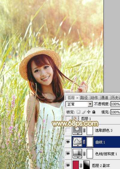‘Photoshop为逆光草丛中的美女调出柔和的黄褐阳光色‘