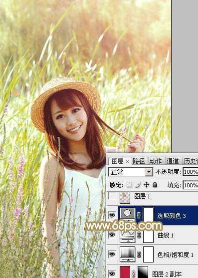 ‘Photoshop为逆光草丛中的美女调出柔和的黄褐阳光色‘
