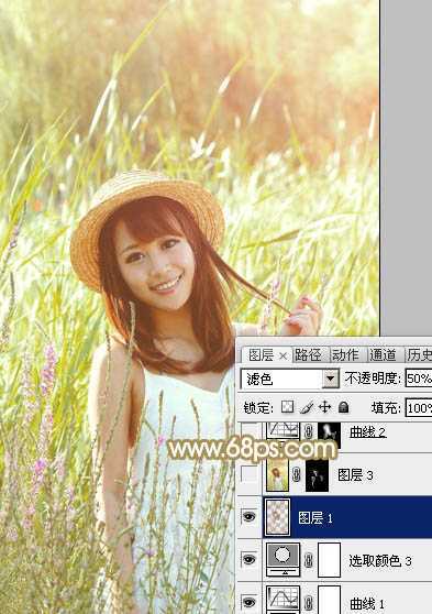 ‘Photoshop为逆光草丛中的美女调出柔和的黄褐阳光色‘