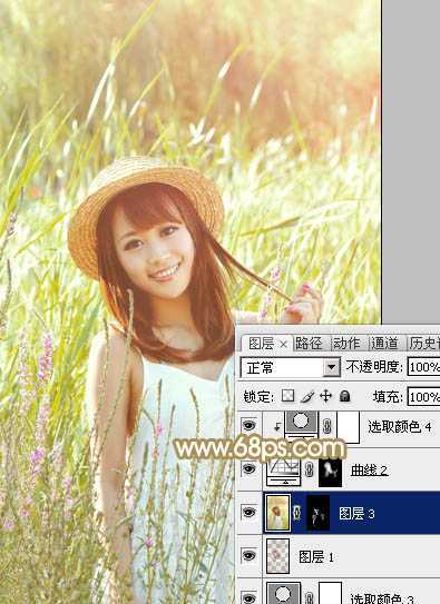 ‘Photoshop为逆光草丛中的美女调出柔和的黄褐阳光色‘