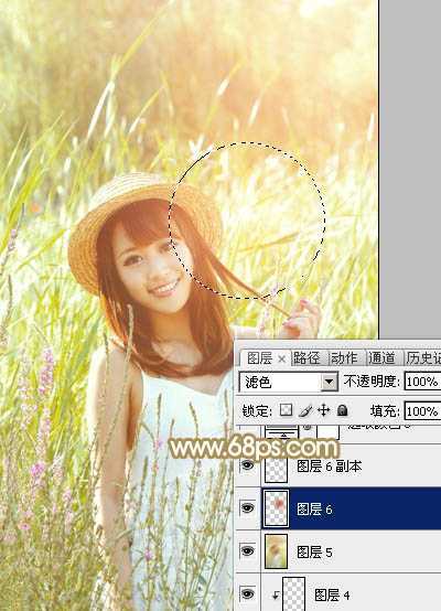 ‘Photoshop为逆光草丛中的美女调出柔和的黄褐阳光色‘