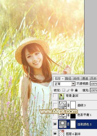 ‘Photoshop为逆光草丛中的美女调出柔和的黄褐阳光色‘