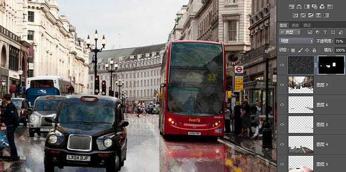 ‘Photoshop将街道图片调出雨水湿润的路面‘