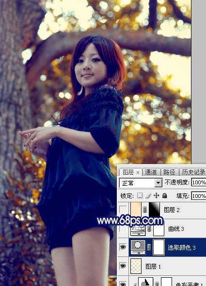 ‘Photoshop将大树边的人物调制出斑斓的霞光暖色‘