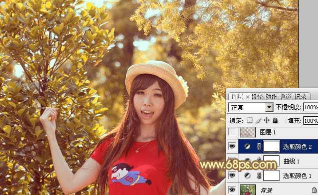 ‘Photoshop将树林人物图片加上唯美柔和的红褐色‘