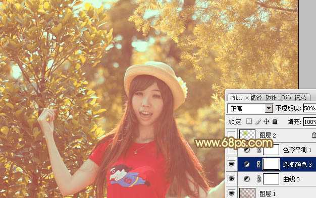 ‘Photoshop将树林人物图片加上唯美柔和的红褐色‘