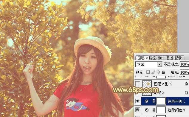 ‘Photoshop将树林人物图片加上唯美柔和的红褐色‘