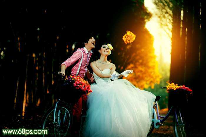 ‘Photoshop调出高对比的橙绿色树林婚片‘