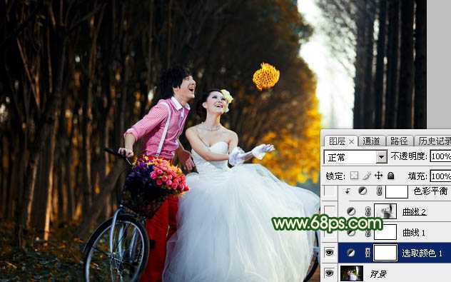‘Photoshop调出高对比的橙绿色树林婚片‘