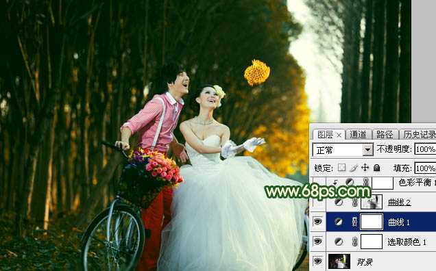 ‘Photoshop调出高对比的橙绿色树林婚片‘
