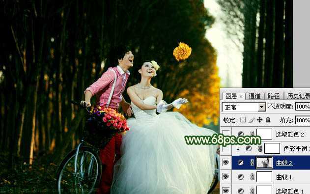 ‘Photoshop调出高对比的橙绿色树林婚片‘