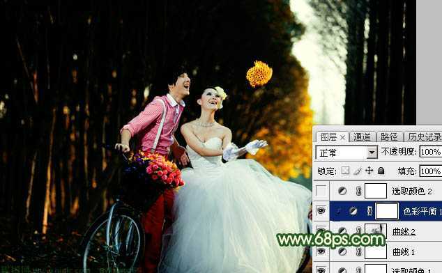 ‘Photoshop调出高对比的橙绿色树林婚片‘