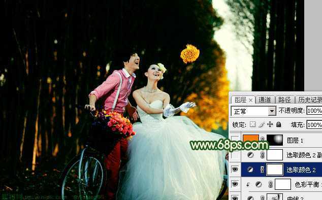 ‘Photoshop调出高对比的橙绿色树林婚片‘