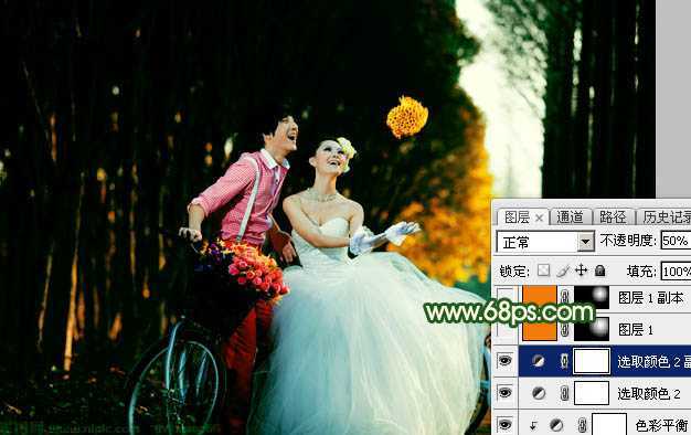 ‘Photoshop调出高对比的橙绿色树林婚片‘