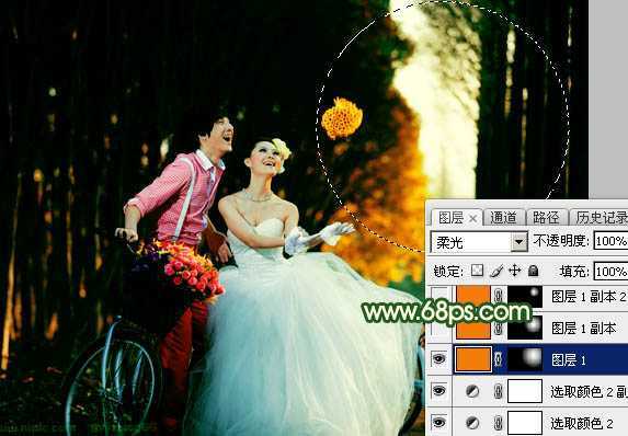 ‘Photoshop调出高对比的橙绿色树林婚片‘