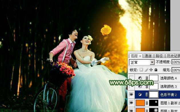 ‘Photoshop调出高对比的橙绿色树林婚片‘