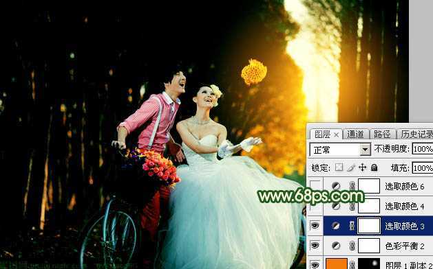 ‘Photoshop调出高对比的橙绿色树林婚片‘