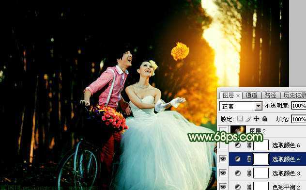 ‘Photoshop调出高对比的橙绿色树林婚片‘