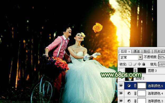 ‘Photoshop调出高对比的橙绿色树林婚片‘