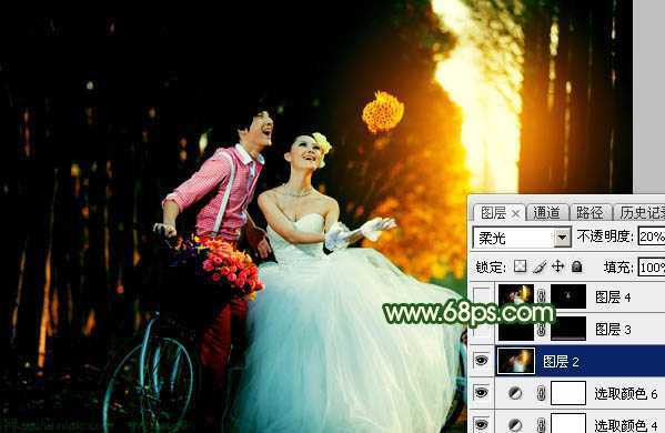 ‘Photoshop调出高对比的橙绿色树林婚片‘