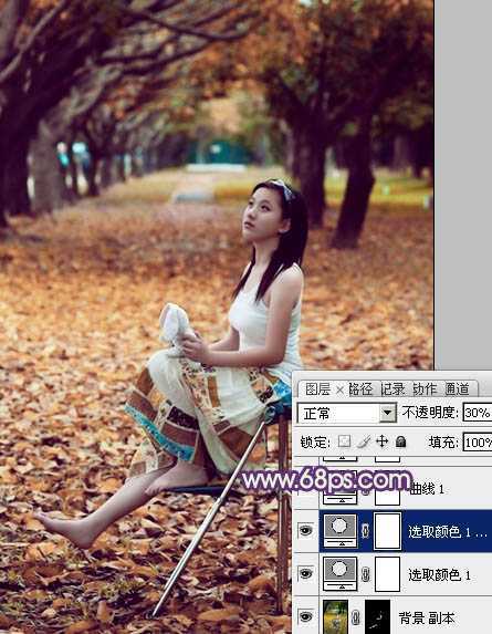 ‘Photoshop将树林写真人物图片打造出漂亮的橙紫色‘