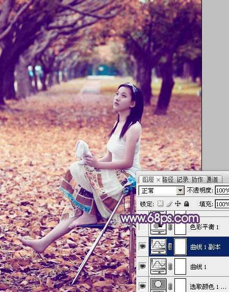 ‘Photoshop将树林写真人物图片打造出漂亮的橙紫色‘