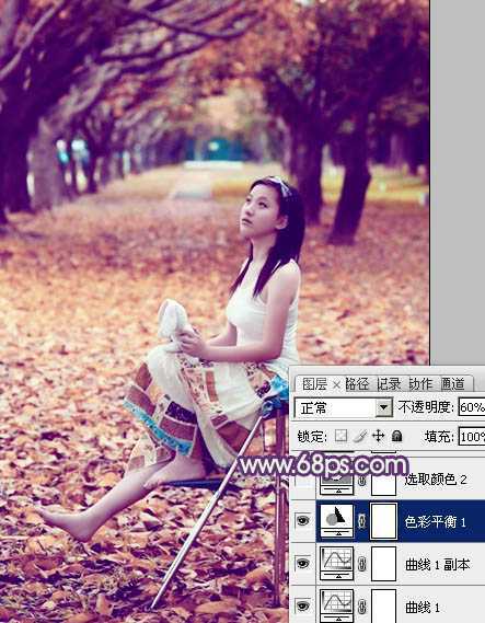 ‘Photoshop将树林写真人物图片打造出漂亮的橙紫色‘