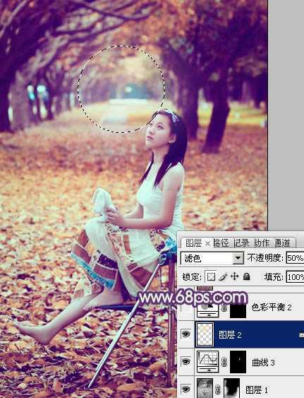 ‘Photoshop将树林写真人物图片打造出漂亮的橙紫色‘