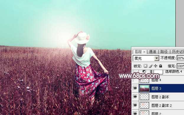 ‘Photoshop为荒草中的人物调出逆光暗调青红色‘