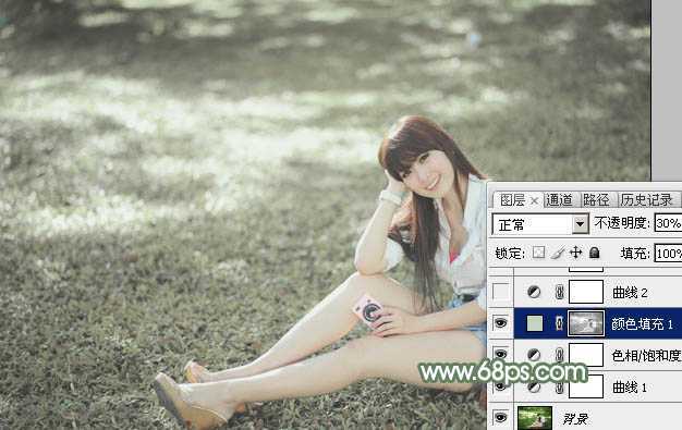 ‘Photoshop打造唯美的淡绿色草地美女图片‘