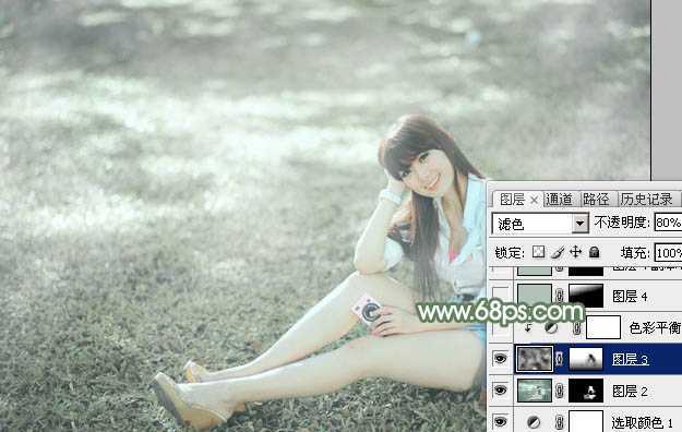 ‘Photoshop打造唯美的淡绿色草地美女图片‘