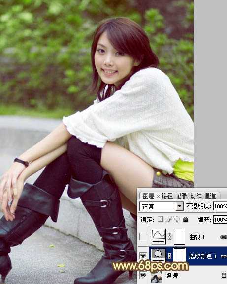 ‘Photoshop将石阶上的美女图片增加淡淡的甜美色‘