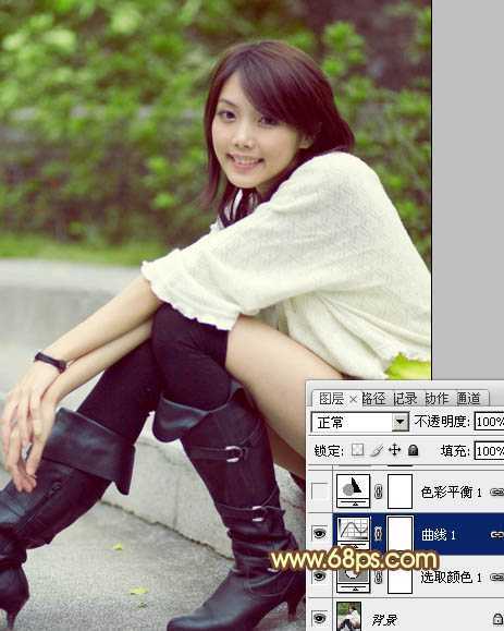 ‘Photoshop将石阶上的美女图片增加淡淡的甜美色‘