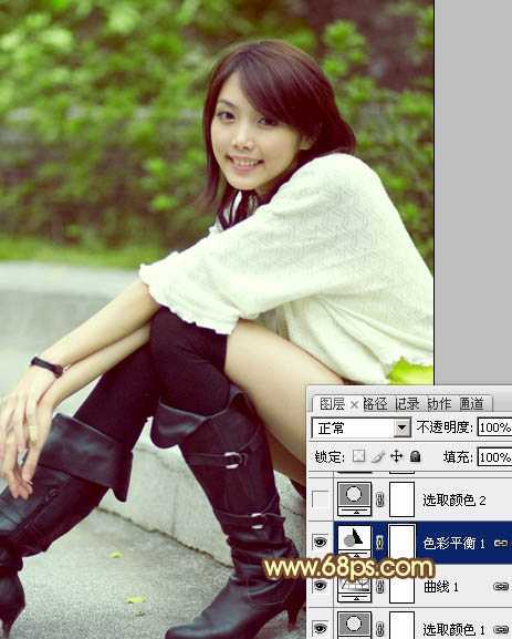 ‘Photoshop将石阶上的美女图片增加淡淡的甜美色‘