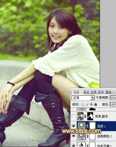 ‘Photoshop将石阶上的美女图片增加淡淡的甜美色‘