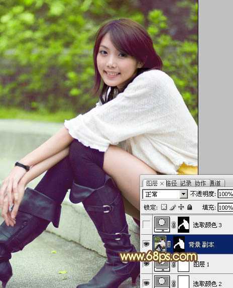 ‘Photoshop将石阶上的美女图片增加淡淡的甜美色‘